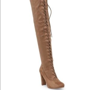 Taupe faux suede thigh high lace up boots